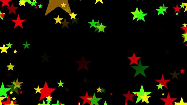 Stars floating inward in bold red, yellow, and green colors on black background for Juneteenth, or Freedom Day, to commemorate the ending of slavery on June 19th 1865 in the United States of America.