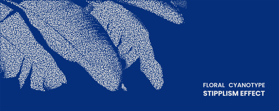 Floral cyanotype stipplism effect with abstract botanical leaf silhouettes on blue background