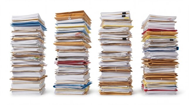 Four large organized stacks of office paper documents and folders captured in a clear professional photograph on white background