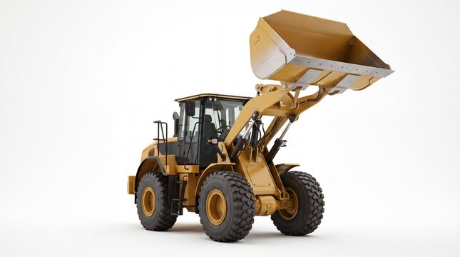 Large yellow industrial front loader machine with raised bucket isolated in a photo on white background