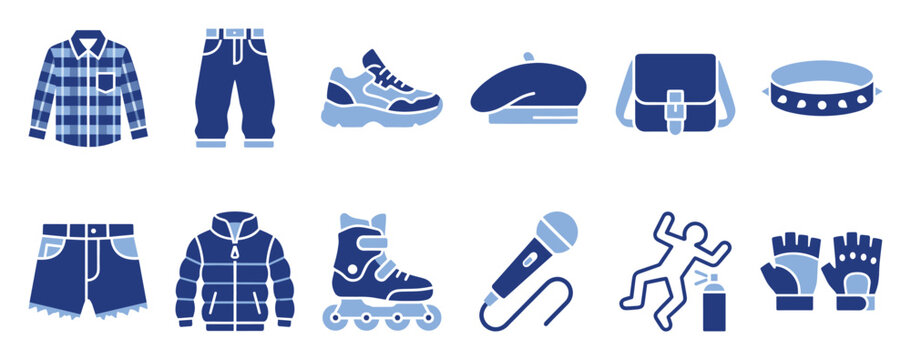 Set of blue casual apparel and accessory icons for modern lifestyle and diverse graphics