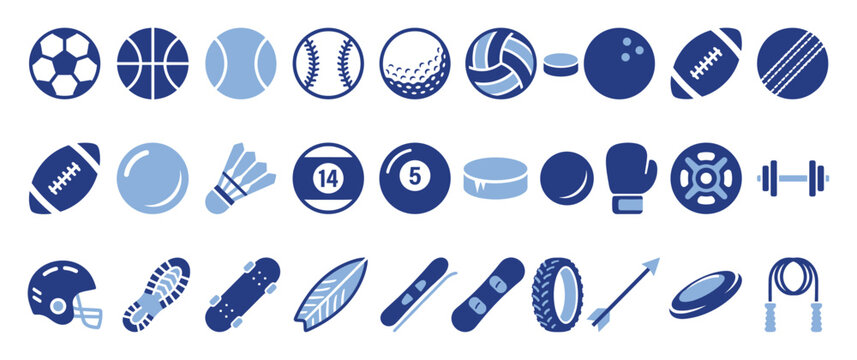 Set of sports equipment icons representing diverse athletic gear symbols for fitness apps and game