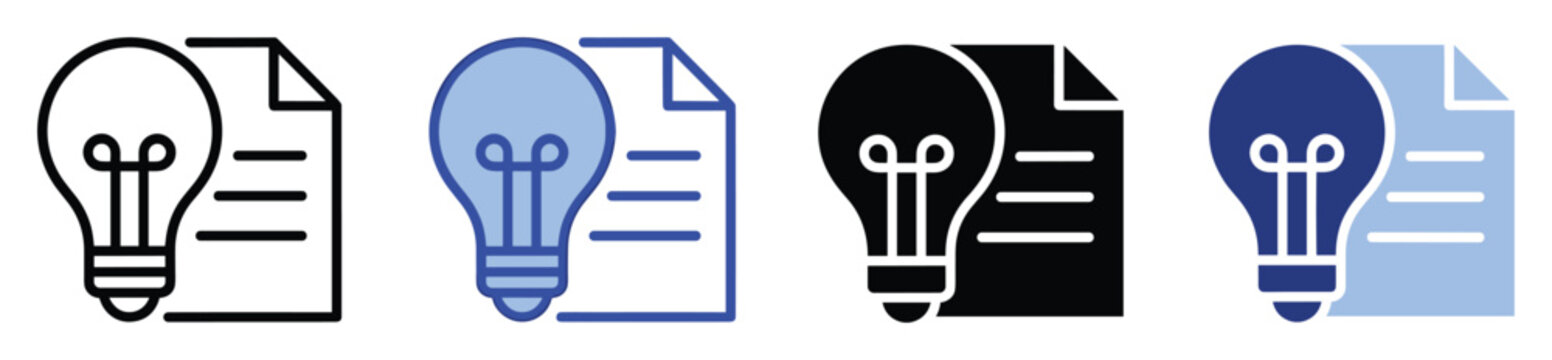 Set of lightbulb and document icons symbolizing innovation, intellectual property, and knowledge.