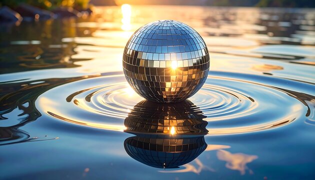A mirrored sphere floats serenely on water, reflecting the golden light of the setting sun and creating rippling patterns