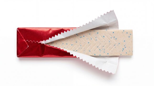 A single stick of minty chewing gum unwrapped from shiny red foil on white background