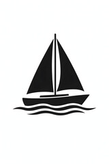 Fototapeta premium Black sailboat on waves silhouette icon isolated on white background, nautical symbol