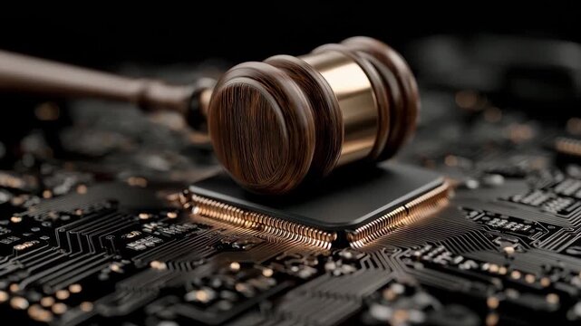 Gavel sits on a computer chip with circuit boards in the background. The setting shows a blend of law and technology in a courtroom.