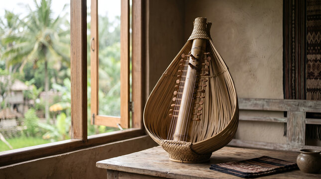 Authentic Sasando string instrument with tropical sunlight and handcrafted bamboo detail, ideal for tourism, cultural education, Indonesian heritage, and traditional music promotions.