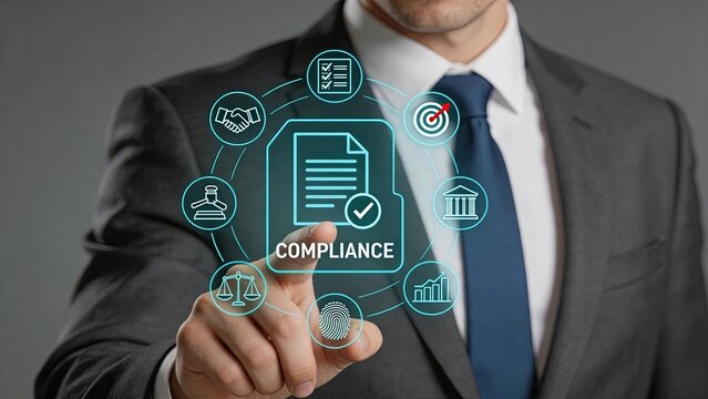 Business executive touching virtual compliance document icon surrounded by legal symbols for regulatory adherence risk management corporate governance and ethical business