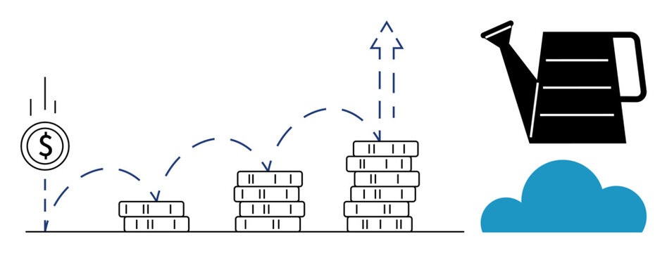 Financial growth, investment strategies, business planning, savings, economic success, wealth management. Stacked coins with an upward arrow and a watering can. Financial growth and investment