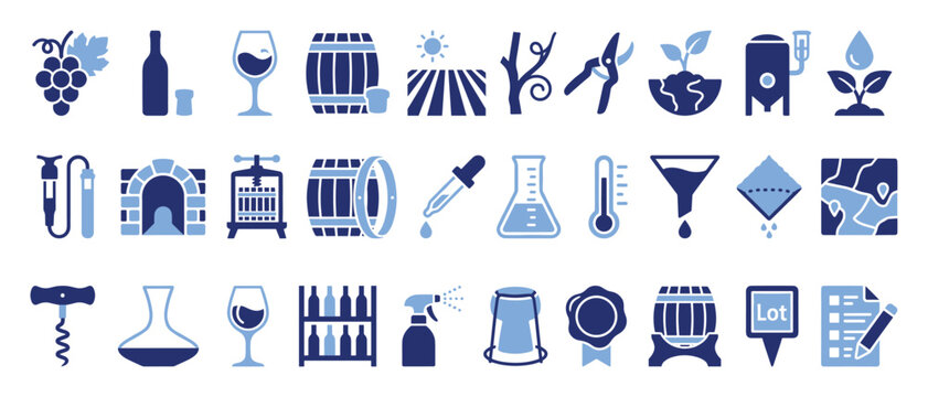 Set of winemaking icons illustrating viticulture, production, and serving elements