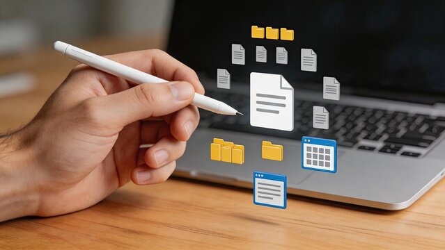 Hand using stylus pen to organize digital files, folders and documents floating in air above laptop keyboard. Modern paperless office workflow concept for cloud storage data