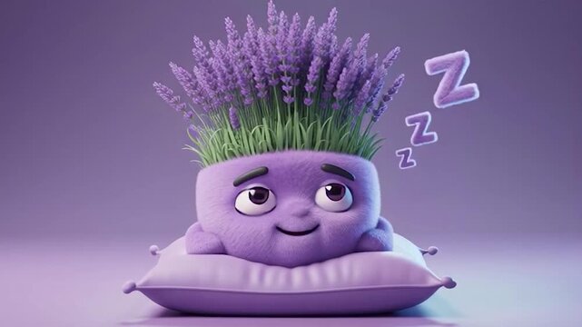 Cute lavender character snoring and sleeping on a pillow