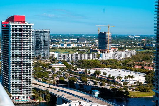 Vista a la ciudad de Miami con un cielo despejado rodeado de arboles y edificios en formato horizontal