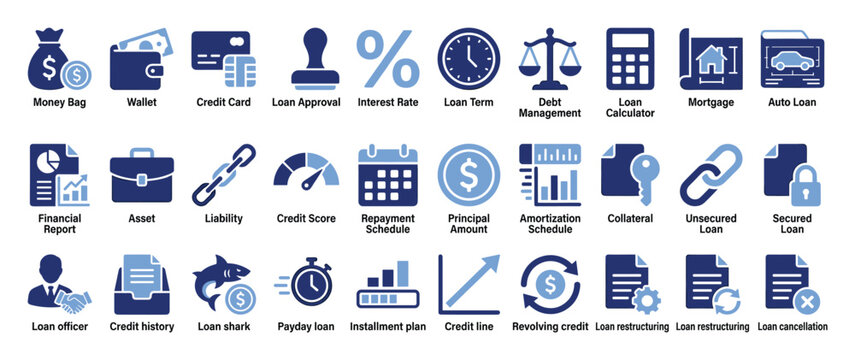 Detailed set of financial services and loan icons perfect for modern banking websites and mobile