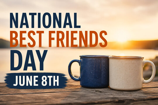 National Best Friends Day June 8th Text Graphic with Ceramic Coffee Mugs on Rustic Wood Table Against Scenic Lake Sunset Background