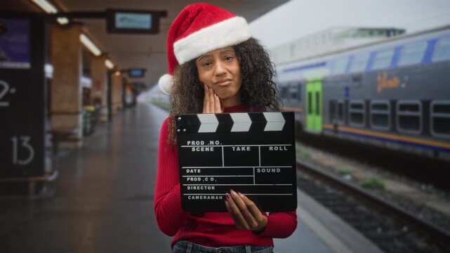 Teenage woman in santa hat holds clapboard and touches cheek with hand on a train platform inside a station building; holiday discomfort.