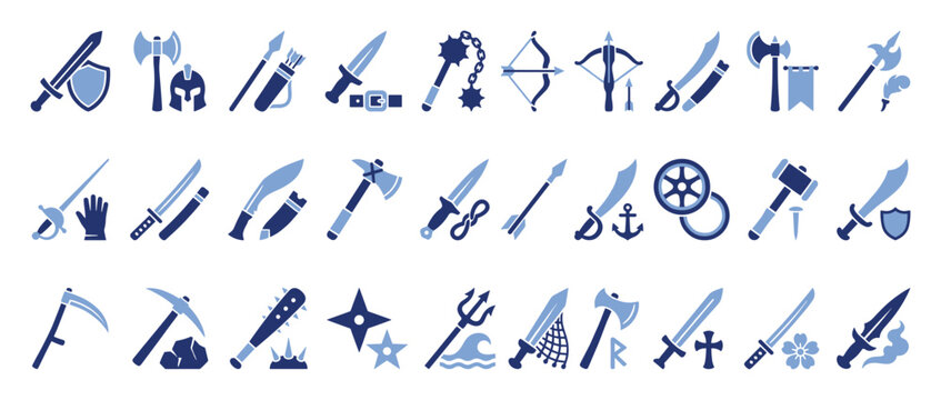 Set of weapons and historical tools icons for game design and battle themed graphic assets.