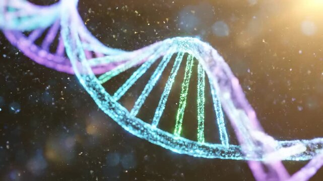 Abstract glowing DNA helix structure rotating slowly with sparkling particles and soft bokeh highlights, representing genetic science and evolution