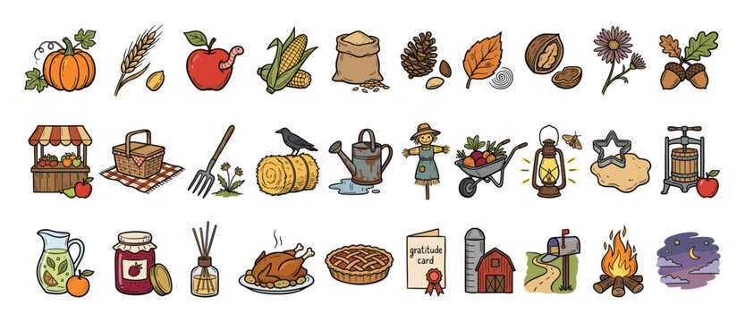 Set of autumn harvest farm fall season symbols icons for seasonal decorations and celebration