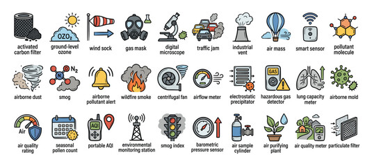 Fototapeta premium Set of air pollution and environmental monitoring icons for educational infographics