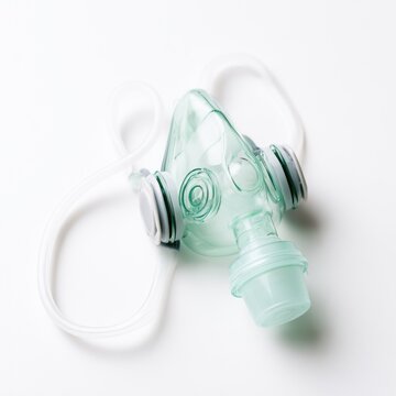 Transparent oxygen mask with tubing, used for medical respiratory assistance, isolated on a white background.