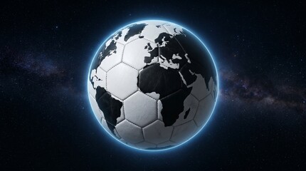Naklejka premium Soccer ball shaped like planet earth in deep space with glowing blue outline