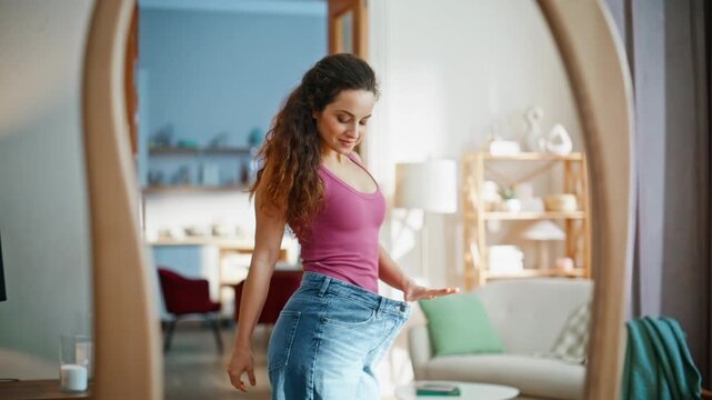 Smiling woman trying oversized jeans looking mirror home. Brunette satisfied 