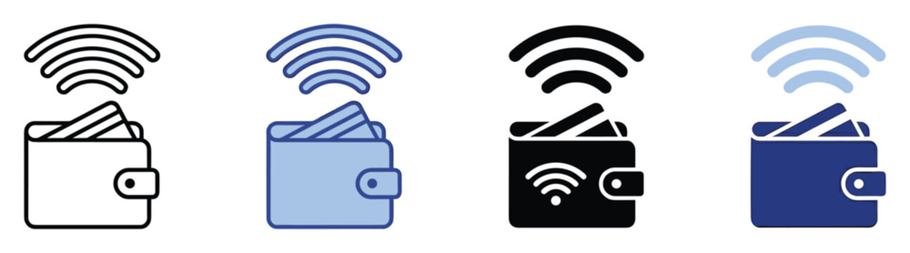 Set of wireless payment wallet icons for digital transactions and mobile finance apps.