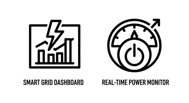 Smart grid dashboard and real-time power monitoring icons with dashboard