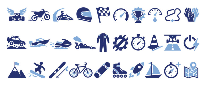 Set of diverse sports and racing icons representing adventure, competition, speed, and navigation