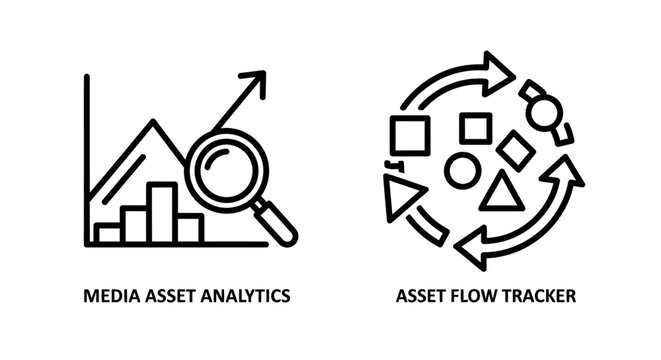Media asset analytics and asset flow tracker outline icons with analytics