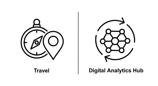 Travel compass icon and digital analytics hub network graphic with analytics