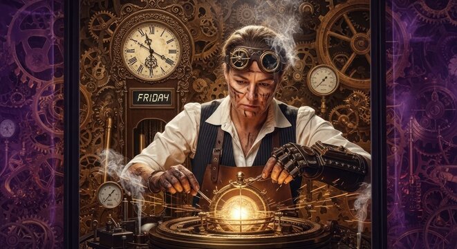 Portrait of a clockmaker fixing a glowing device, surrounded by gears & machinery