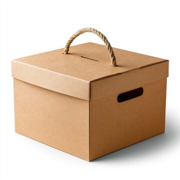 A brown cardboard storage box with a lid and rope handle, designed for easy carrying and storage.