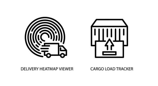 Logistics delivery heatmap and cargo load tracker outline icons with logistics