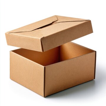 A plain, brown, open cardboard box with a partially lifted lid on a white background.