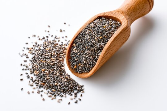 A wooden scoop filled with chia seeds, with some seeds spilled on a white surface.