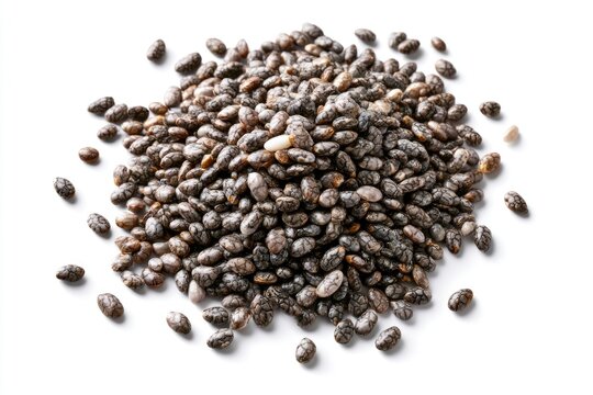 A pile of black and white speckled chia seeds on a white background.