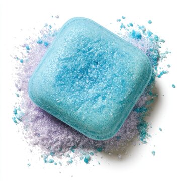 A blue dishwasher tablet resting on a bed of blue and purple powder detergent on a white background.
