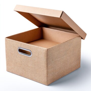 A beige fabric-covered storage box with a lid ajar, featuring a metal handle on one side, set against a plain white background.