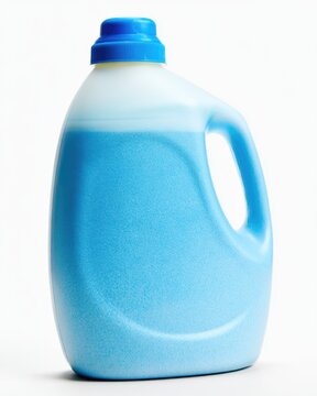 Blue plastic liquid detergent bottle with a handle and screw cap on a white background.