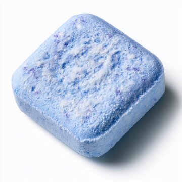 A close-up image of a textured, square-shaped blue cleaning tablet or detergent pod.