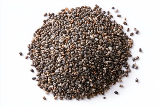 A close-up image of a pile of chia seeds scattered on a white background.