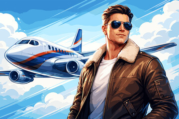 A confident pilot in a leather jacket and sunglasses stands in front of a commercial airplane against a backdrop of a bright blue sky with clouds. © umah
