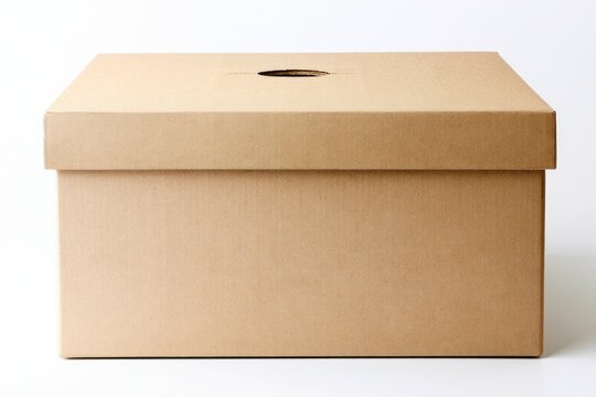 A closed, plain cardboard box with a lid and a small circular hole on top, set against a white background.