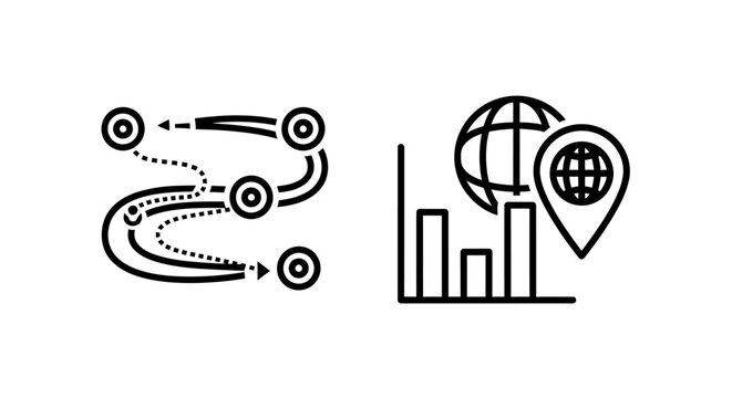 Global location tracking and international data analytics icons with location