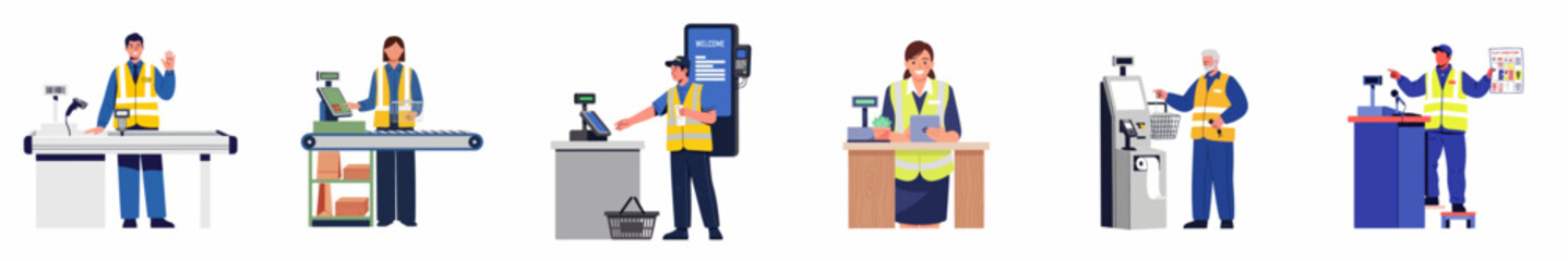Fototapeta premium Flat illustration set of diverse supermarket staff and cashiers in uniform performing various roles like checkout, assistance, and service in a retail store.