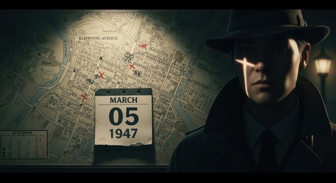 Noir-style detective in fedora, illuminated face, analyzing map, calendar showing March 5, 1947