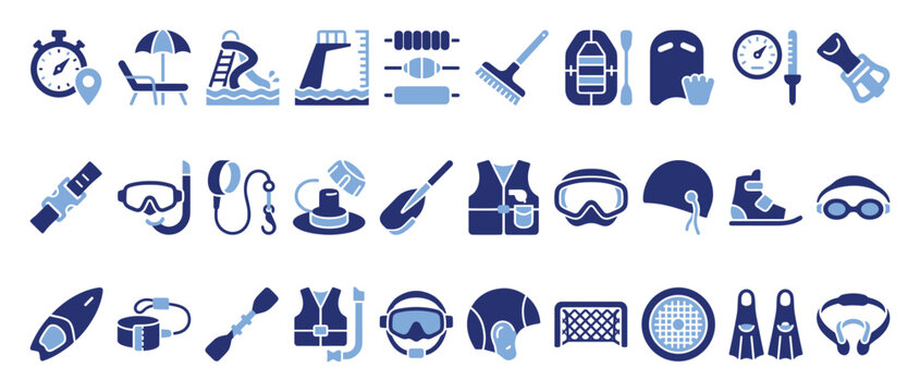 Set of water sport and swimming equipment icons for active lifestyle and recreational themes